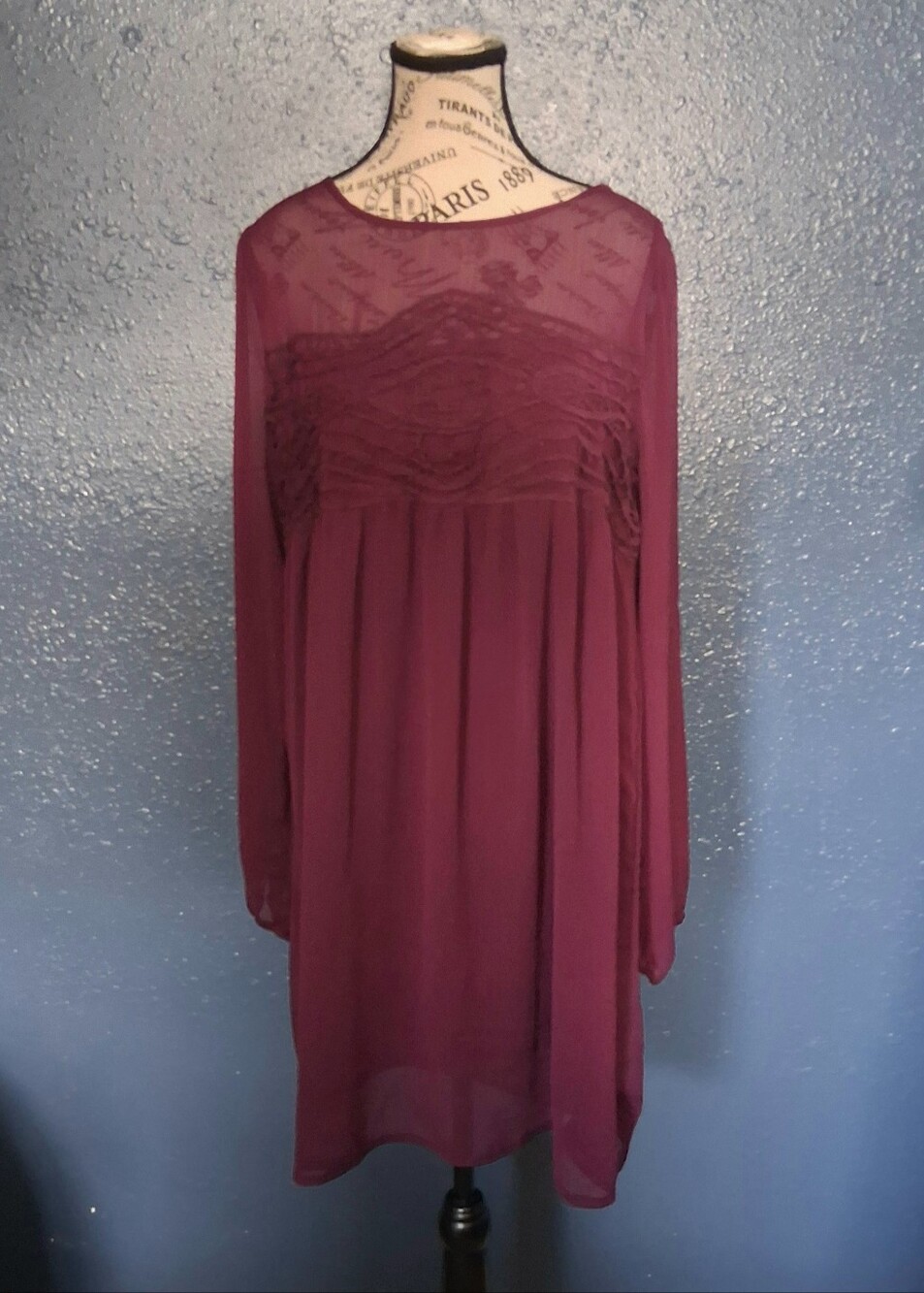 Xhiliration Womens PlumSheer Yoke Crochet Detail Mini Dress XL Long Tunic
